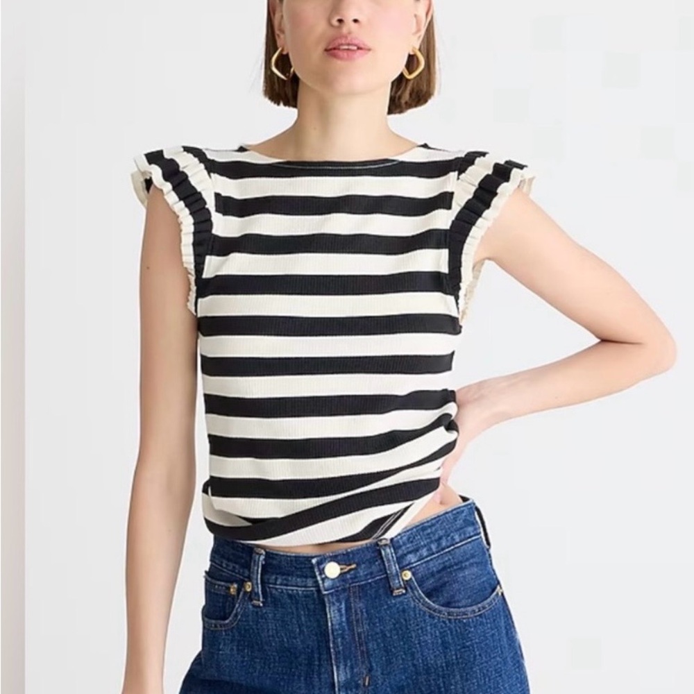 J. Crew Black & White Striped Ruffle-Sleeve Tank